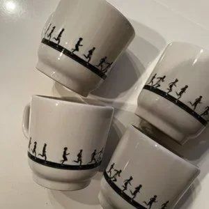 Vintage Fishs Eddy "Marathon Runners" Ceramic Coffee Mugs by Jess Maz - Set of 4